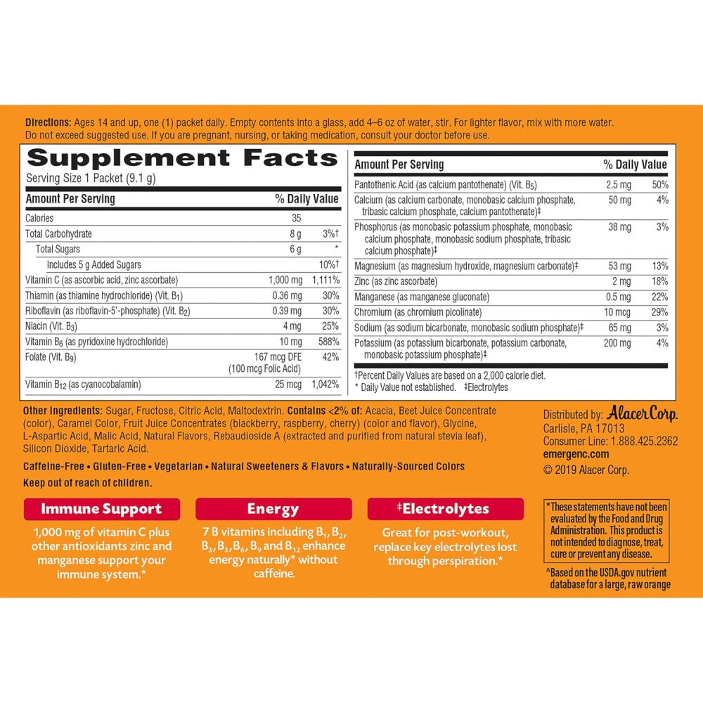 Emergen C 1000mg Vitamin C To Support Immune Health, Energy, and Overall Wellness 30 Packets Raspberry Flavored 273g