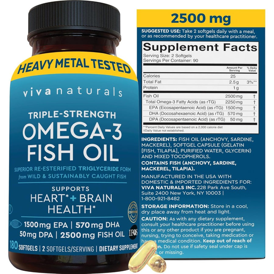 Viva Naturals Omega-3 Fish Oil 2500mg Support Heart, Brain, Joint, and Eye Health Fish Oil 180 Softgels