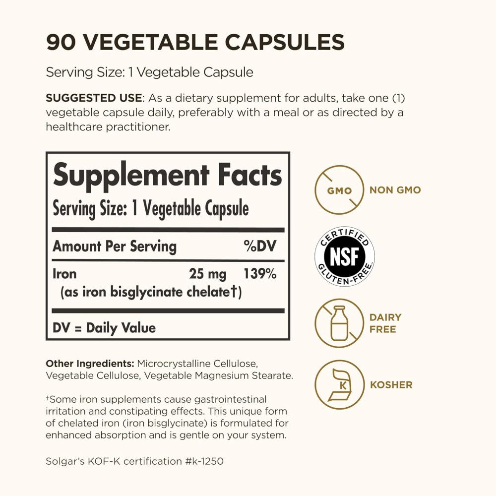 Solgar Gentle Iron Bisglycinate 25mg To Support Healthy Iron Levels 90 Veg Caps