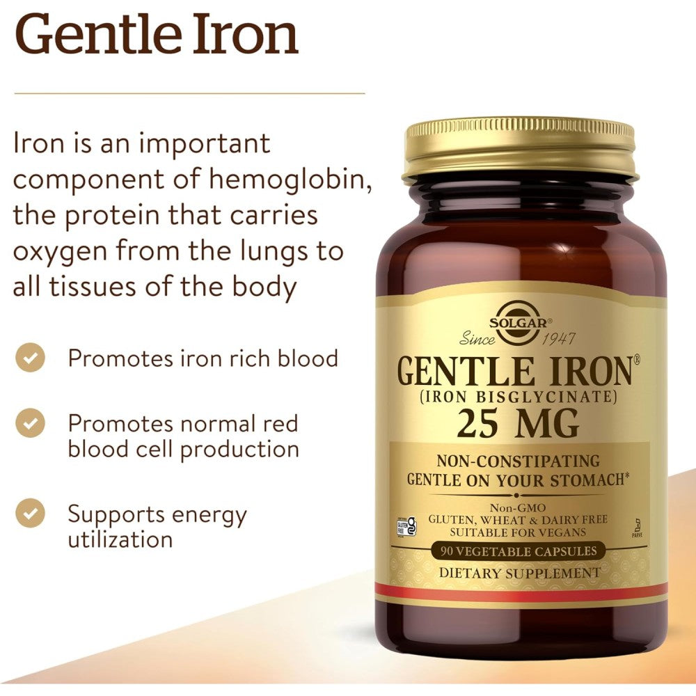 Solgar Gentle Iron Bisglycinate 25mg To Support Healthy Iron Levels 90 Veg Caps