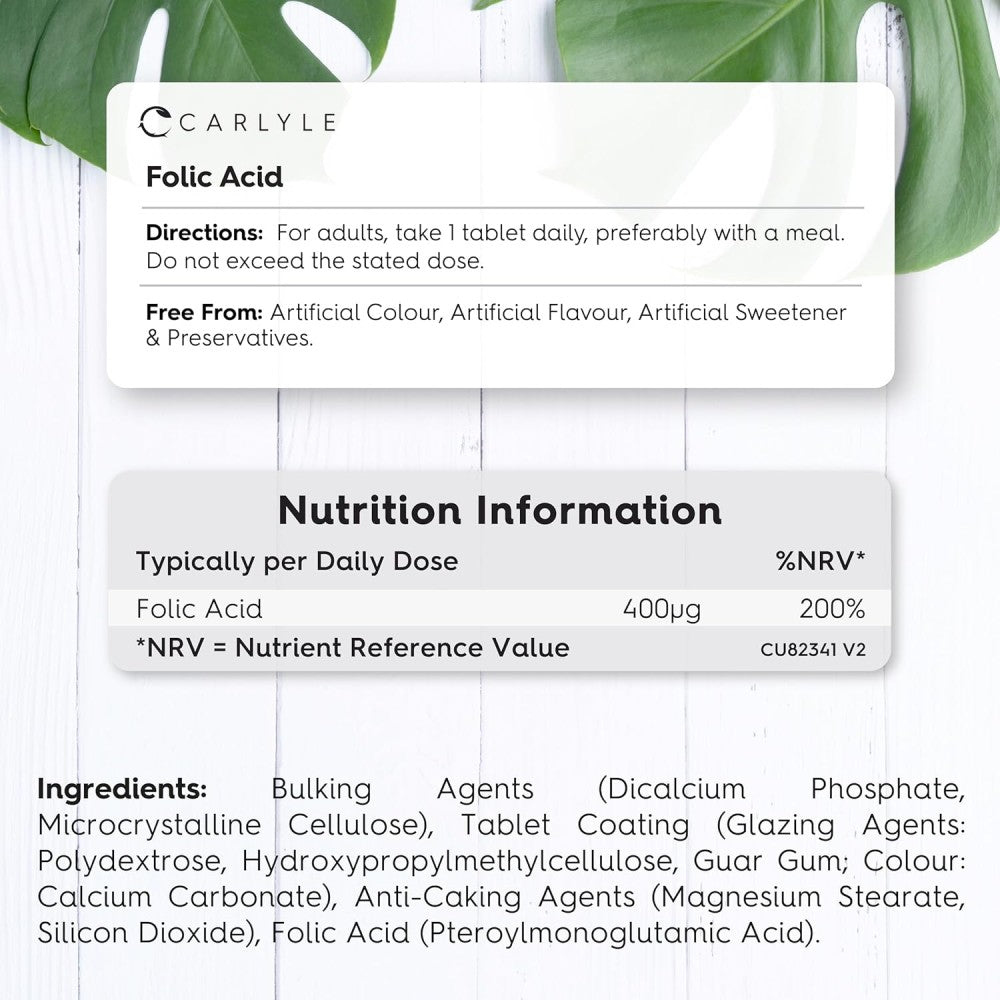 Carlyle Folic Acid Vitamin B9 400mg To Support Women’s Health, Especially During Preconception, Pregnancy, and Breastfeeding 180 Veg Tablets