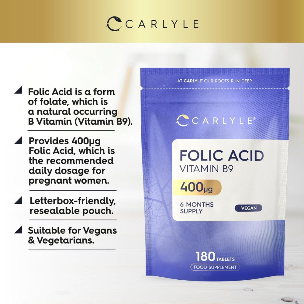 Carlyle Folic Acid Vitamin B9 400mg To Support Women’s Health, Especially During Preconception, Pregnancy, and Breastfeeding 180 Veg Tablets