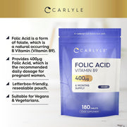 Carlyle Folic Acid Vitamin B9 400mg To Support Women’s Health, Especially During Preconception, Pregnancy, and Breastfeeding 180 Veg Tablets