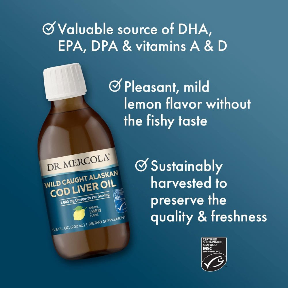 Dr Mercola Wild Caught Alaskan Cod Liver Oil 1000mg Omega 3 To Support Immunity, Bone Health, Vision, and Cellular Function Natural Lemon Flavor 200ml