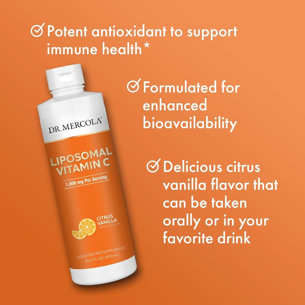 Dr Mercola Liposomal Vitamin C 1000mg To Support Immune Health, Enhance Skin Radiance, and Promote Daily Vitality Citrus Vanilla Flavor 450ml