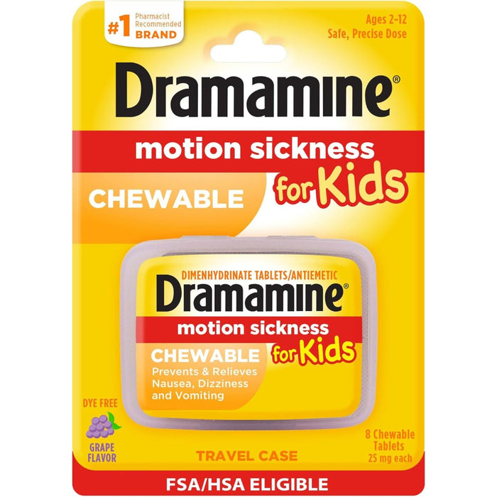 Dramamine Motion Sickness For Kids 8 Chewable Tablets 25mg To Prevent Motion Sickness During Travel by Car, Plane, Boat, or Amusement Rides Grape Flavor