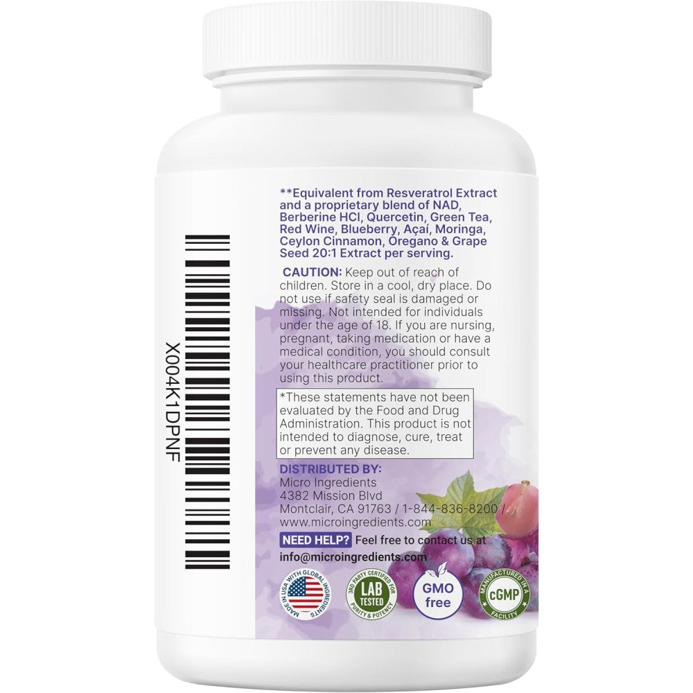 MicroIngredients Resveratrol Nad+ Grape Seed Quercetin Berberine Moringa Oregano 3000mg Support Immunity, and Protect the Body From Oxidative Stress 240 Veg Caps