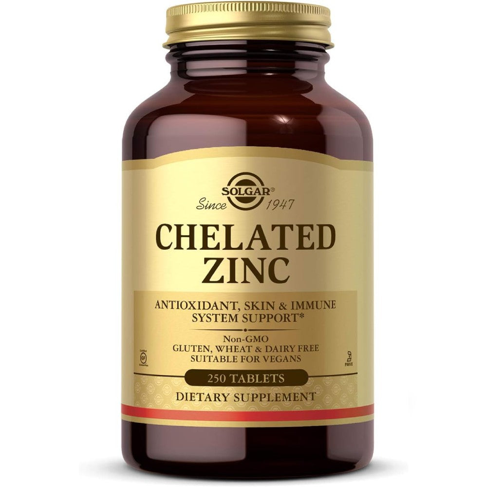 Solgar Chelated Zinc Supporting The Immune System, Promoting Healthy Skin and Hair, and Contributing to Various Bodily Functions 250 Tablets