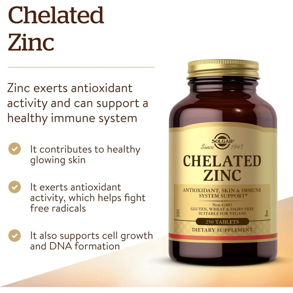 Solgar Chelated Zinc Supporting The Immune System, Promoting Healthy Skin and Hair, and Contributing to Various Bodily Functions 250 Tablets