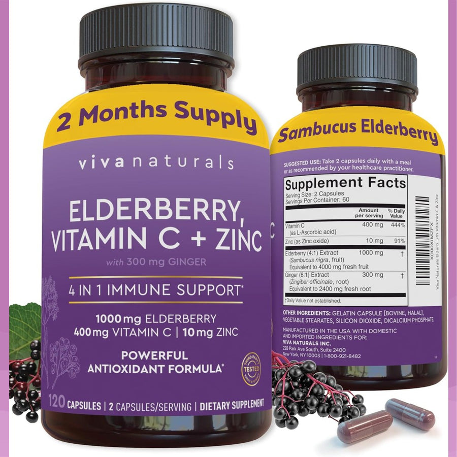 Viva Naturals Elderberry 1000mg Vitamin C 400mg + Zinc 10mg To Support the Immune System and Overall Health 120 Caps