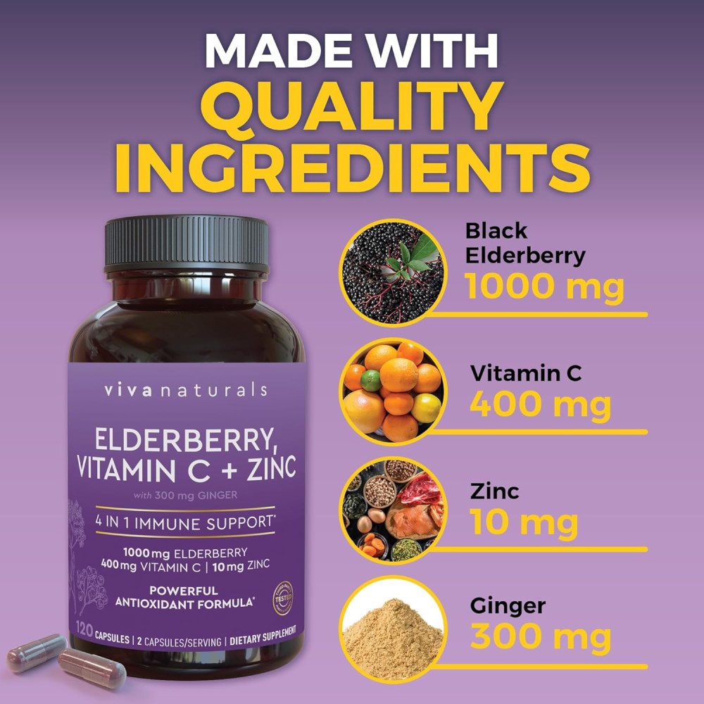 Viva Naturals Elderberry 1000mg Vitamin C 400mg + Zinc 10mg To Support the Immune System and Overall Health 120 Caps