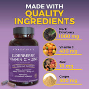 Viva Naturals Elderberry 1000mg Vitamin C 400mg + Zinc 10mg To Support the Immune System and Overall Health 120 Caps