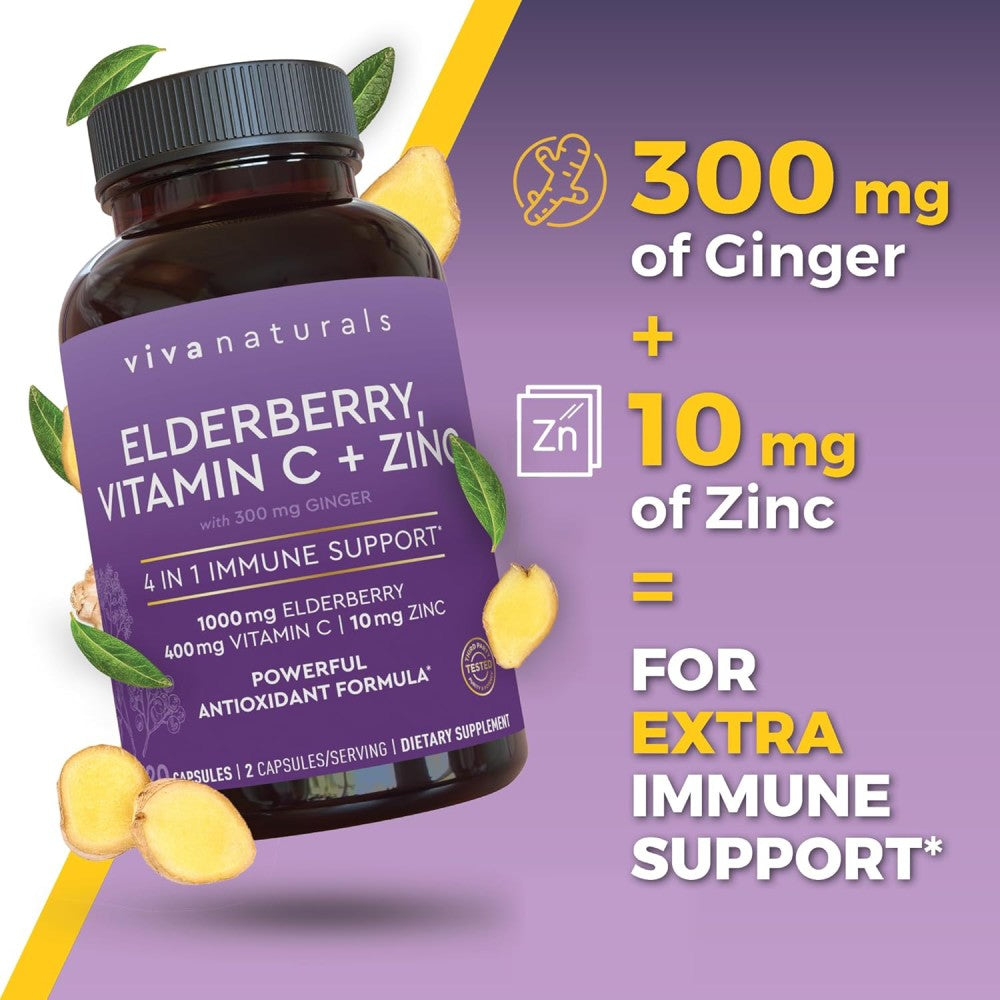 Viva Naturals Elderberry 1000mg Vitamin C 400mg + Zinc 10mg To Support the Immune System and Overall Health 120 Caps