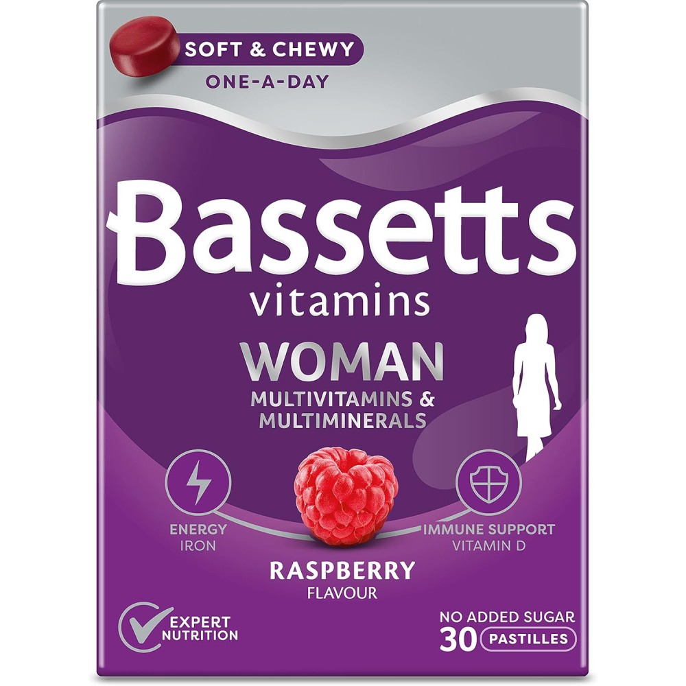 Bassetts Women Multivitamin & Multiminerals Supporting Overall Health, Energy, and the Wellness of Hair, Skin, and Nails 30 Pastilles Raspberry Flavour