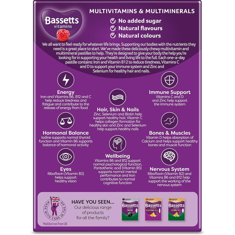 Bassetts Women Multivitamin & Multiminerals Supporting Overall Health, Energy, and the Wellness of Hair, Skin, and Nails 30 Pastilles Raspberry Flavour