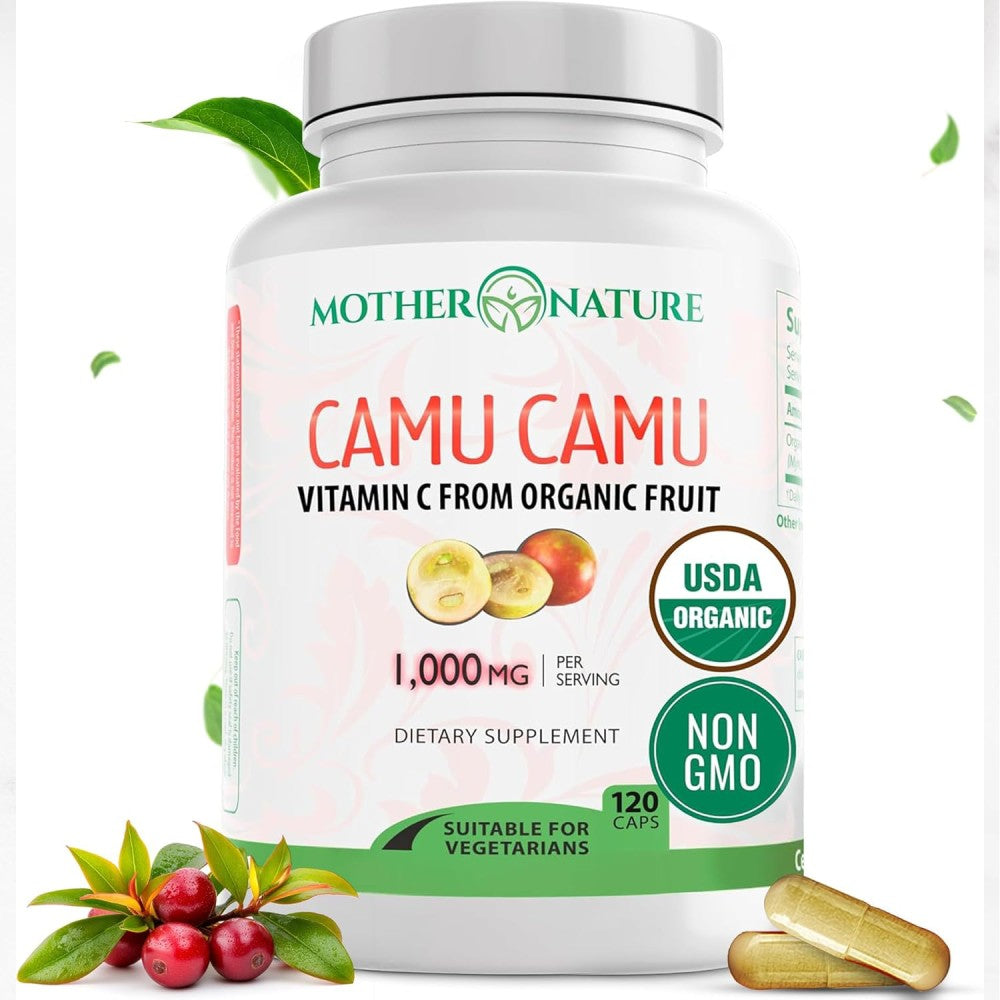 Mother Nature Camu Camu Vitamin C From Organic Fruit 1000mg To Support Immunity, Skin Health, and Daily Energy in a Safe 120 Caps