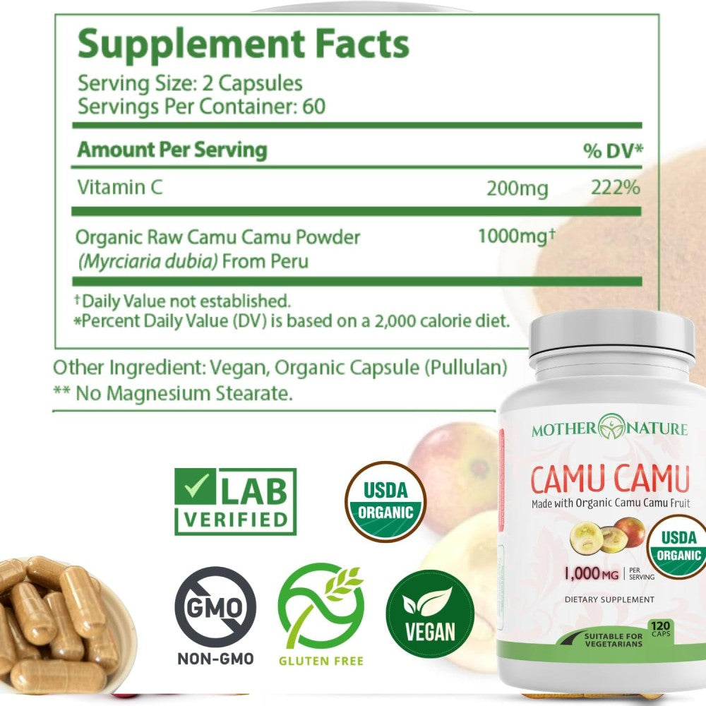 Mother Nature Camu Camu Vitamin C From Organic Fruit 1000mg To Support Immunity, Skin Health, and Daily Energy in a Safe 120 Caps