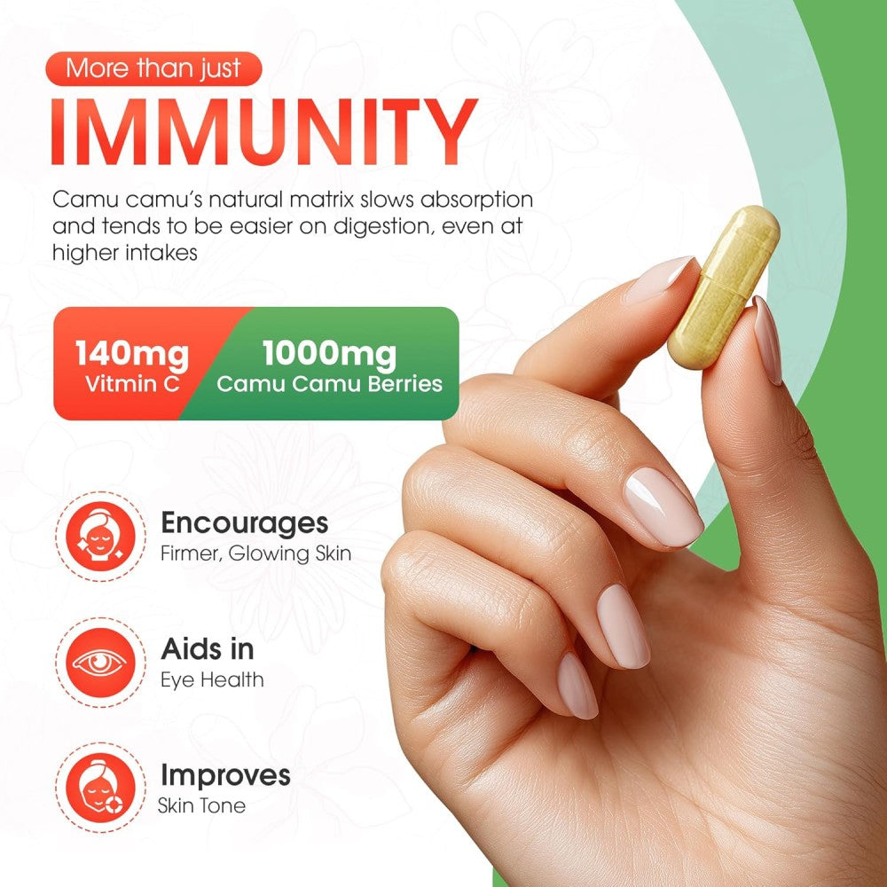 Mother Nature Camu Camu Vitamin C From Organic Fruit 1000mg To Support Immunity, Skin Health, and Daily Energy in a Safe 120 Caps