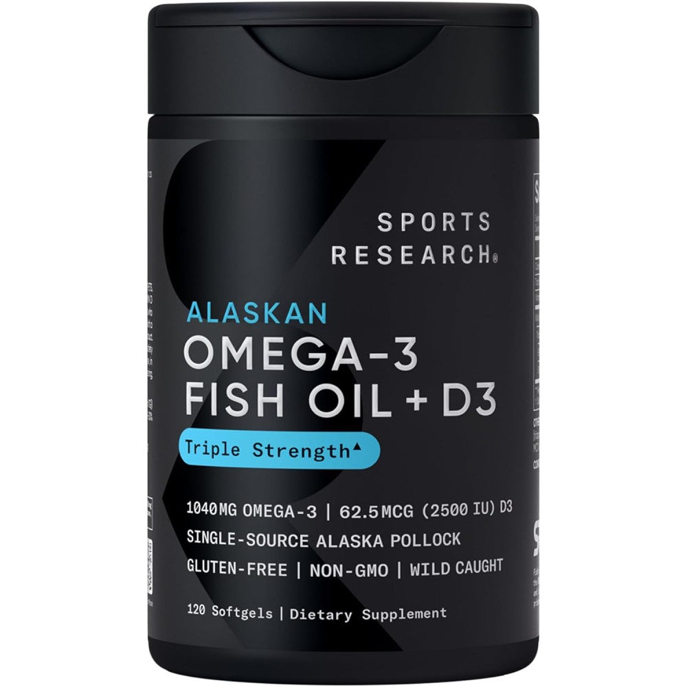 Sports Research Sr Omega3 Fish Oil + D3 1040mg Omega3 62.5mcg D3 Support for Cardiovascular Health, Bone Strength, and Immunity 120 Softgels