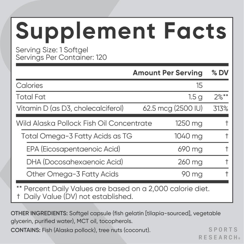 Sports Research Sr Omega3 Fish Oil + D3 1040mg Omega3 62.5mcg D3 Support for Cardiovascular Health, Bone Strength, and Immunity 120 Softgels