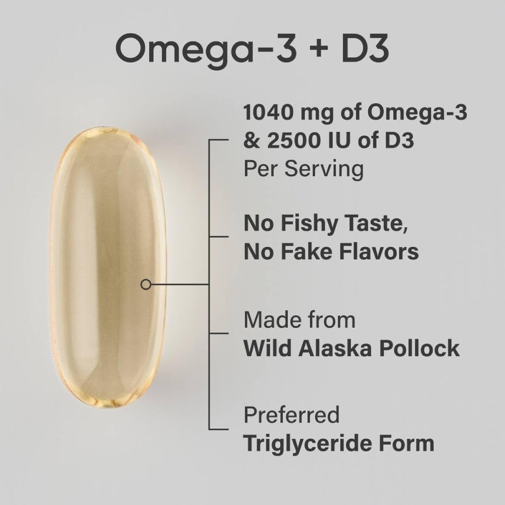 Sports Research Sr Omega3 Fish Oil + D3 1040mg Omega3 62.5mcg D3 Support for Cardiovascular Health, Bone Strength, and Immunity 120 Softgels