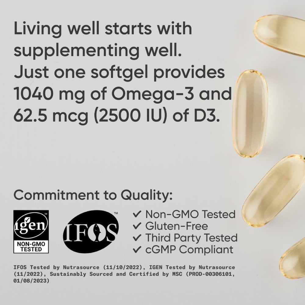 Sports Research Sr Omega3 Fish Oil + D3 1040mg Omega3 62.5mcg D3 Support for Cardiovascular Health, Bone Strength, and Immunity 120 Softgels