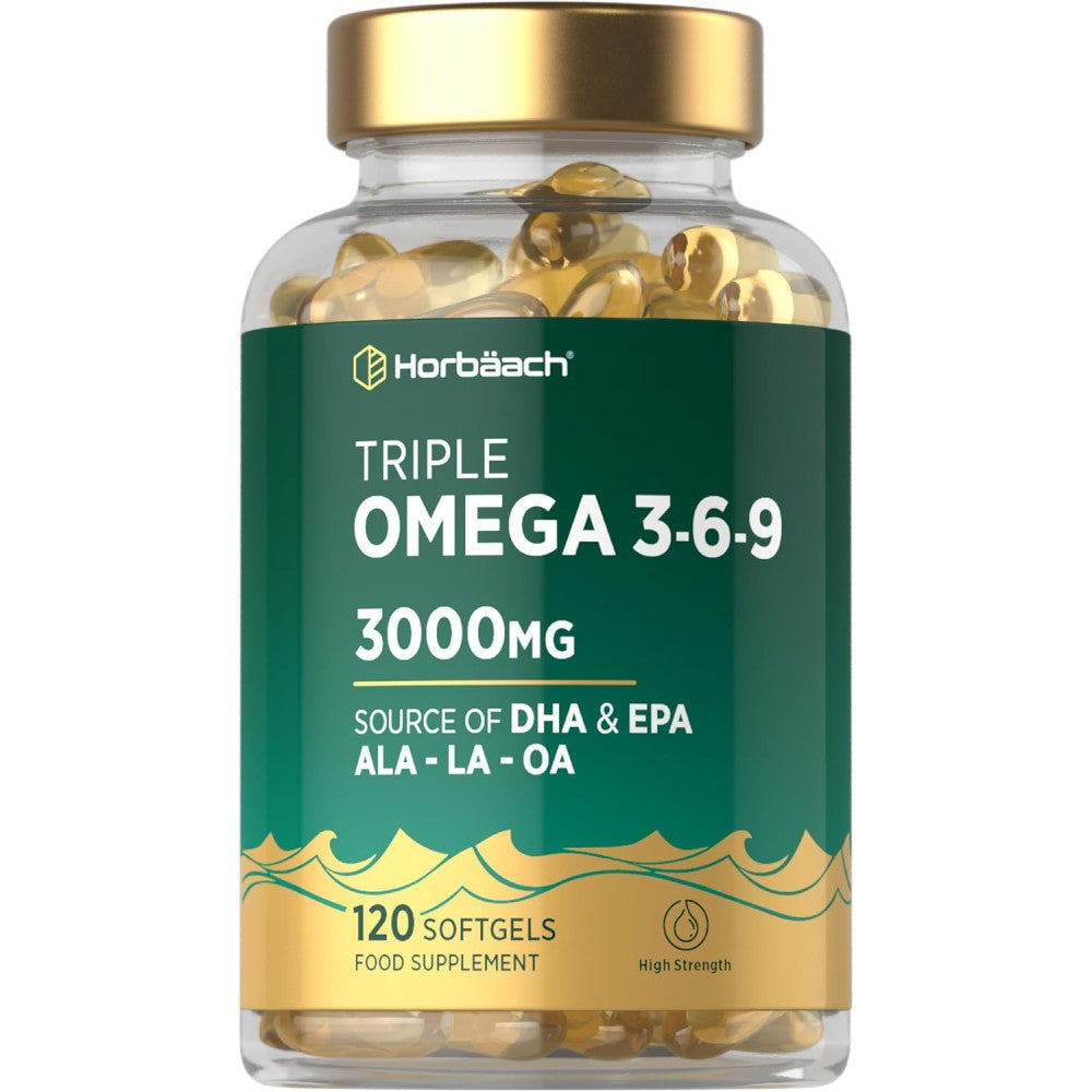 Horbaach Triple Omega 3-6-9 3000mg To Help Maintain Cardiovascular Health, Support Cognitive Function, and Promote Joint and Skin Flexibility 120 Softgels