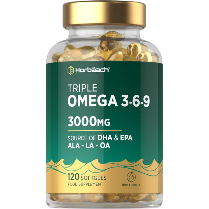 Horbaach Triple Omega 3-6-9 3000mg To Help Maintain Cardiovascular Health, Support Cognitive Function, and Promote Joint and Skin Flexibility 120 Softgels