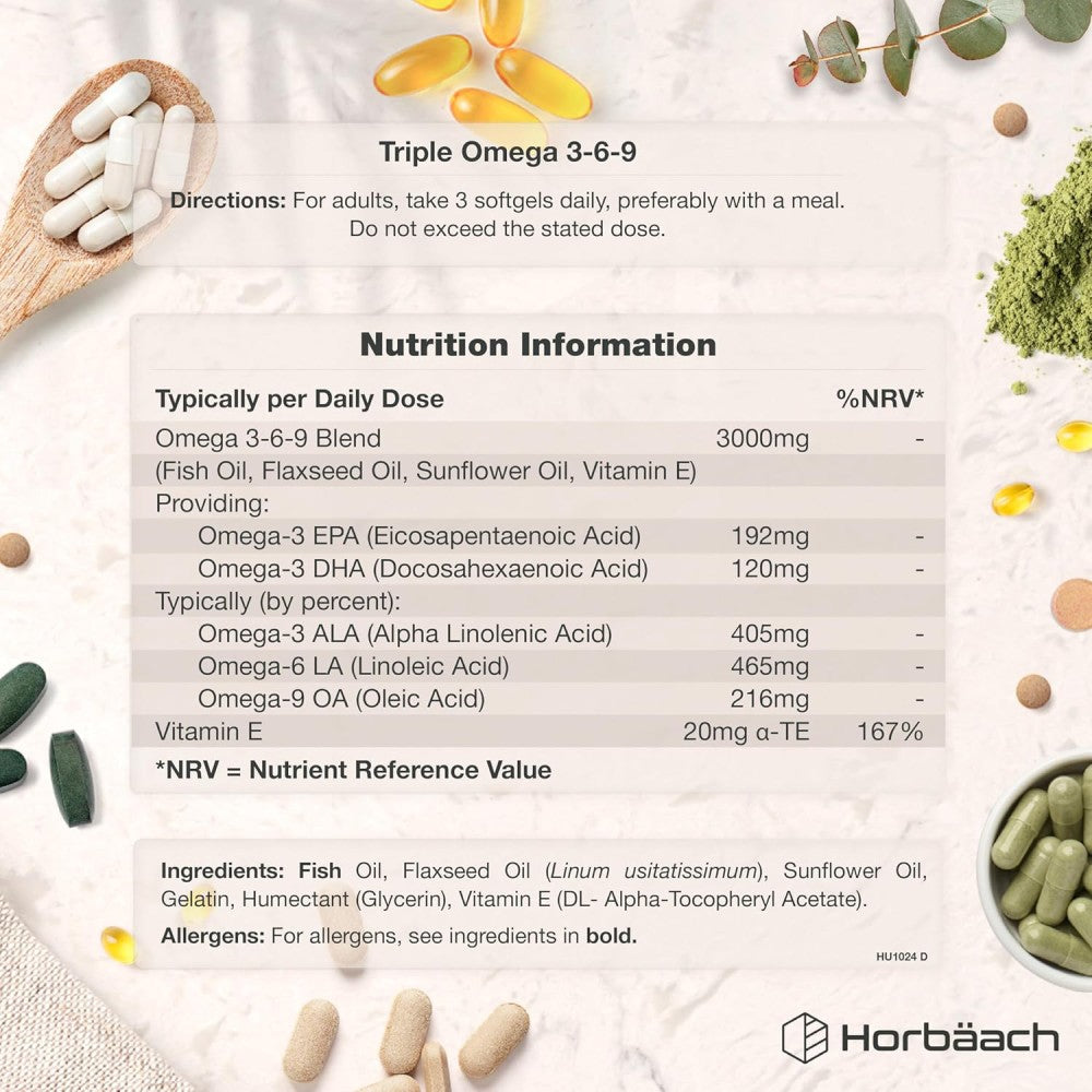 Horbaach Triple Omega 3-6-9 3000mg To Help Maintain Cardiovascular Health, Support Cognitive Function, and Promote Joint and Skin Flexibility 120 Softgels