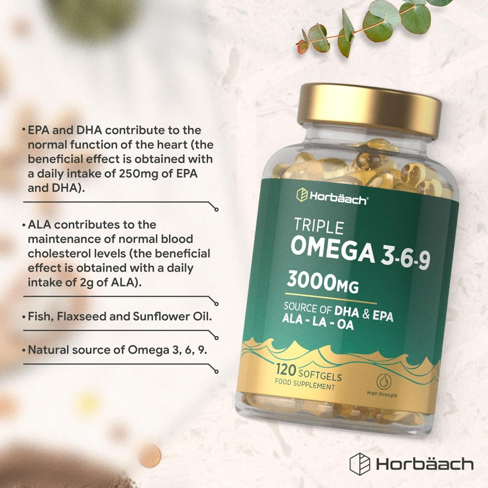 Horbaach Triple Omega 3-6-9 3000mg To Help Maintain Cardiovascular Health, Support Cognitive Function, and Promote Joint and Skin Flexibility 120 Softgels