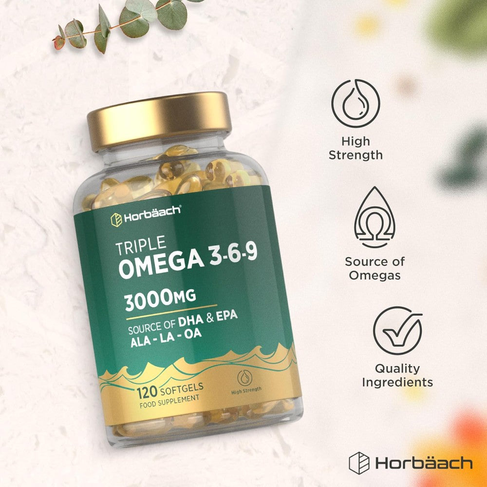 Horbaach Triple Omega 3-6-9 3000mg To Help Maintain Cardiovascular Health, Support Cognitive Function, and Promote Joint and Skin Flexibility 120 Softgels