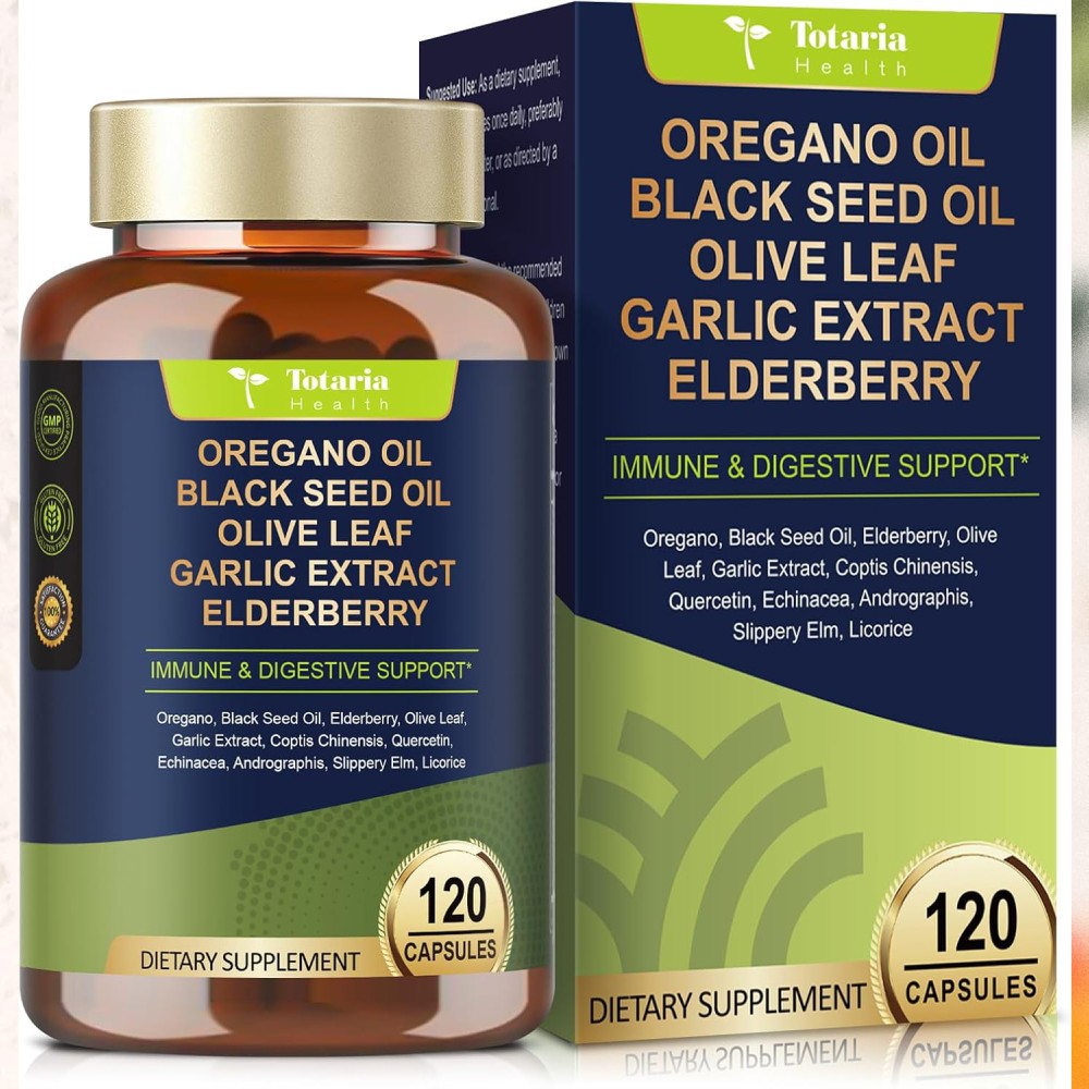 Totaria Oregano Oil Black Seed Oil Olive Leaf Garlic Extract Elderberry To Provide Natural Immune Support, Enhance the Body’s Defenses, and Promote Overall Wellness 120 Caps
