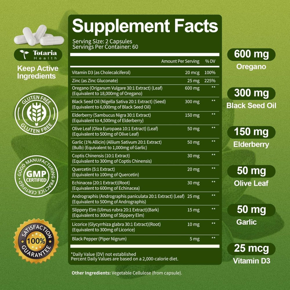 Totaria Oregano Oil Black Seed Oil Olive Leaf Garlic Extract Elderberry To Provide Natural Immune Support, Enhance the Body’s Defenses, and Promote Overall Wellness 120 Caps