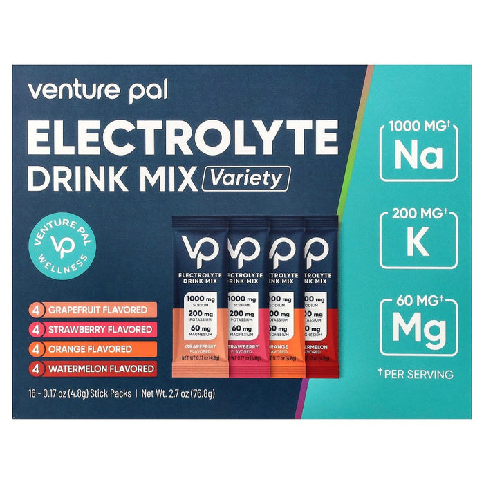 Venture Pal Electrolytes Drink Mix Variety to Replenish Lost Electrolytes and Fluids, This Mix Supports Hydration, Energy, and Overall Performance—Perfect After Workouts, During Travel, or Throughout Busy Days 16 Stick Pack 76.8 g