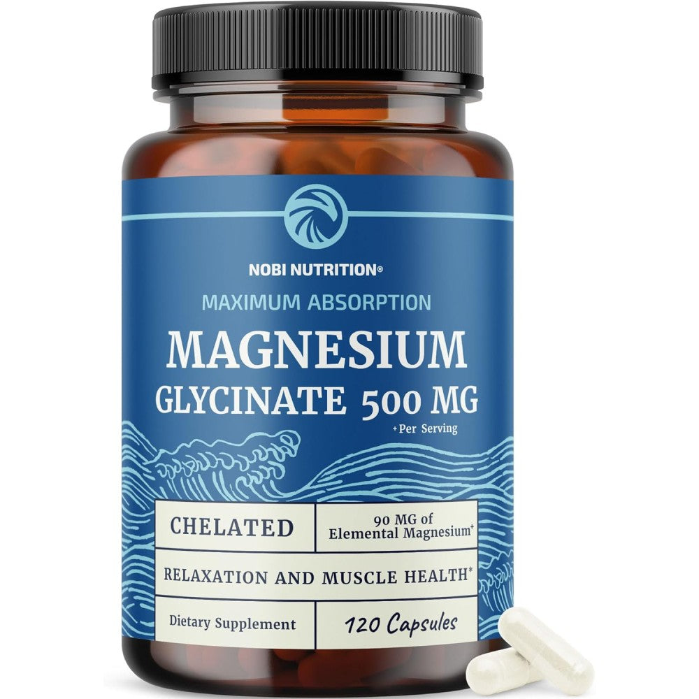 Nobi Nutrition Magnesium Glycinate 500mg It Promotes Muscle, Bone, and Nervous System Health, as well as Contributing To the Reduction Of Fatigue and Stress 120 Caps
