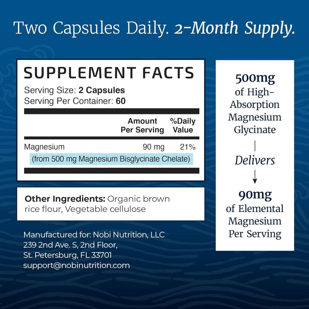 Nobi Nutrition Magnesium Glycinate 500mg It Promotes Muscle, Bone, and Nervous System Health, as well as Contributing To the Reduction Of Fatigue and Stress 120 Caps