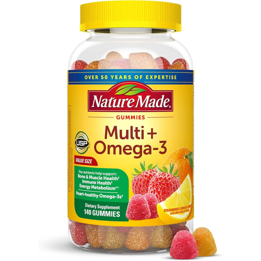 Nature Made Multi Omega 3 For Her To Promote Heart, Brain, and Bone Health, While Also Supporting Healthy Skin, Hair, and Nails 140 Gummies Strawberry & Lemon & Orange Flavor