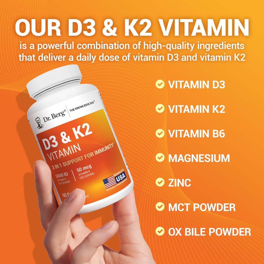 Dr Berg Vitamin D3 5000IU + Vitamin K2 50mcg To Support Bone and Cardiovascular Health 60 Capsules