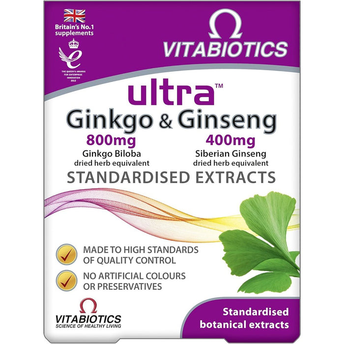Vitabiotics Ultra Ginkgo 800mg & Ginseng 400mg Circulation and Cognitive Function, While Ginseng Promotes Energy, Vitality, and Daily Activity 60 Tablets