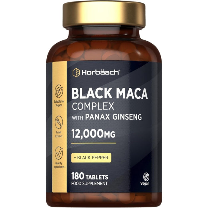 Horbaach Black Maca Complex 12000mg Support Energy, Stamina, Physical Performance, and Hormonal and Sexual Health in Both Men and Women 180 Tablets