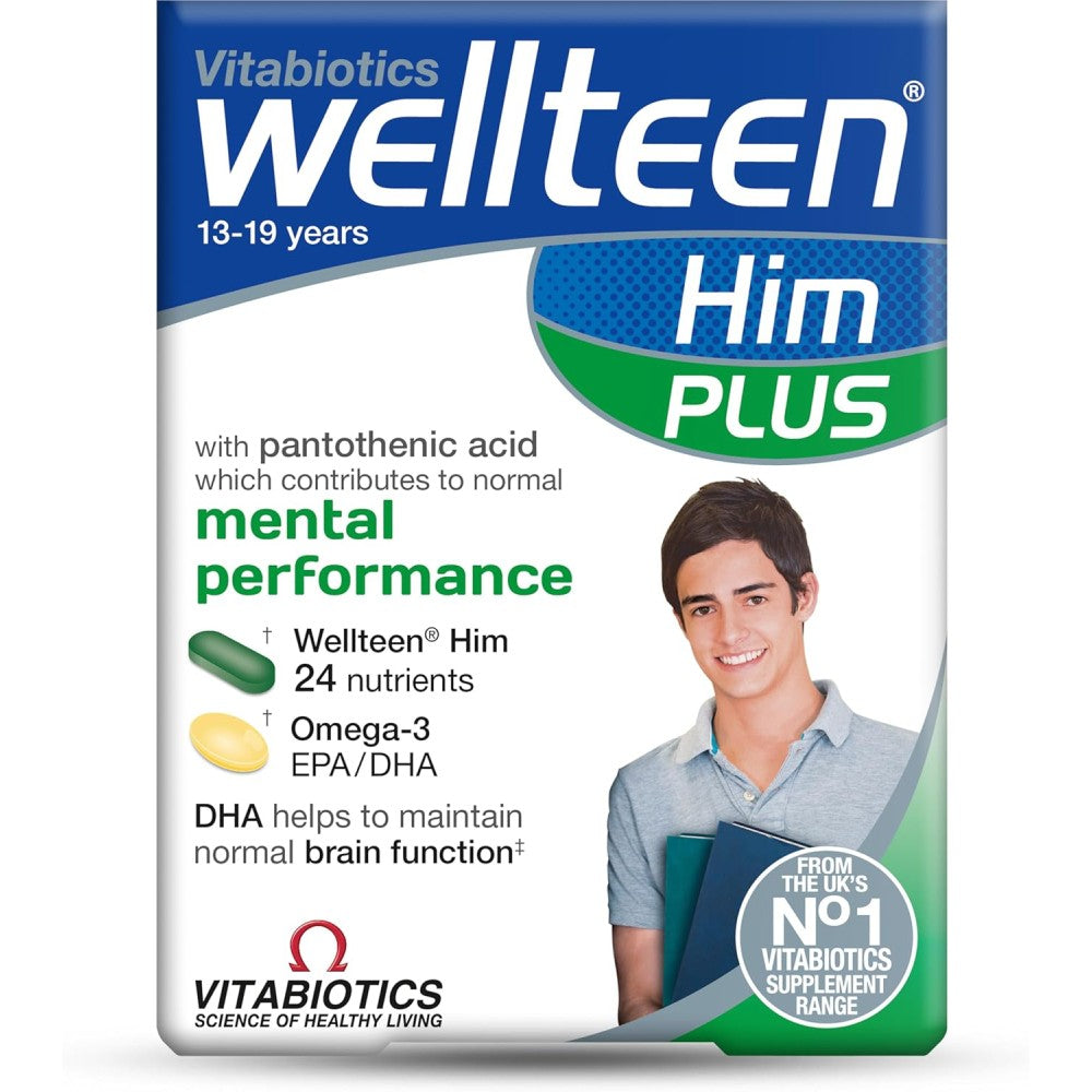 Vitabiotics Wellteen Him Plus To Support the Nutritional Needs of Teenage Boys and Young Men To Help Support Healthy Growth, Energy Levels, Mental Focus, and Overall Wellbeing 56 Tablets