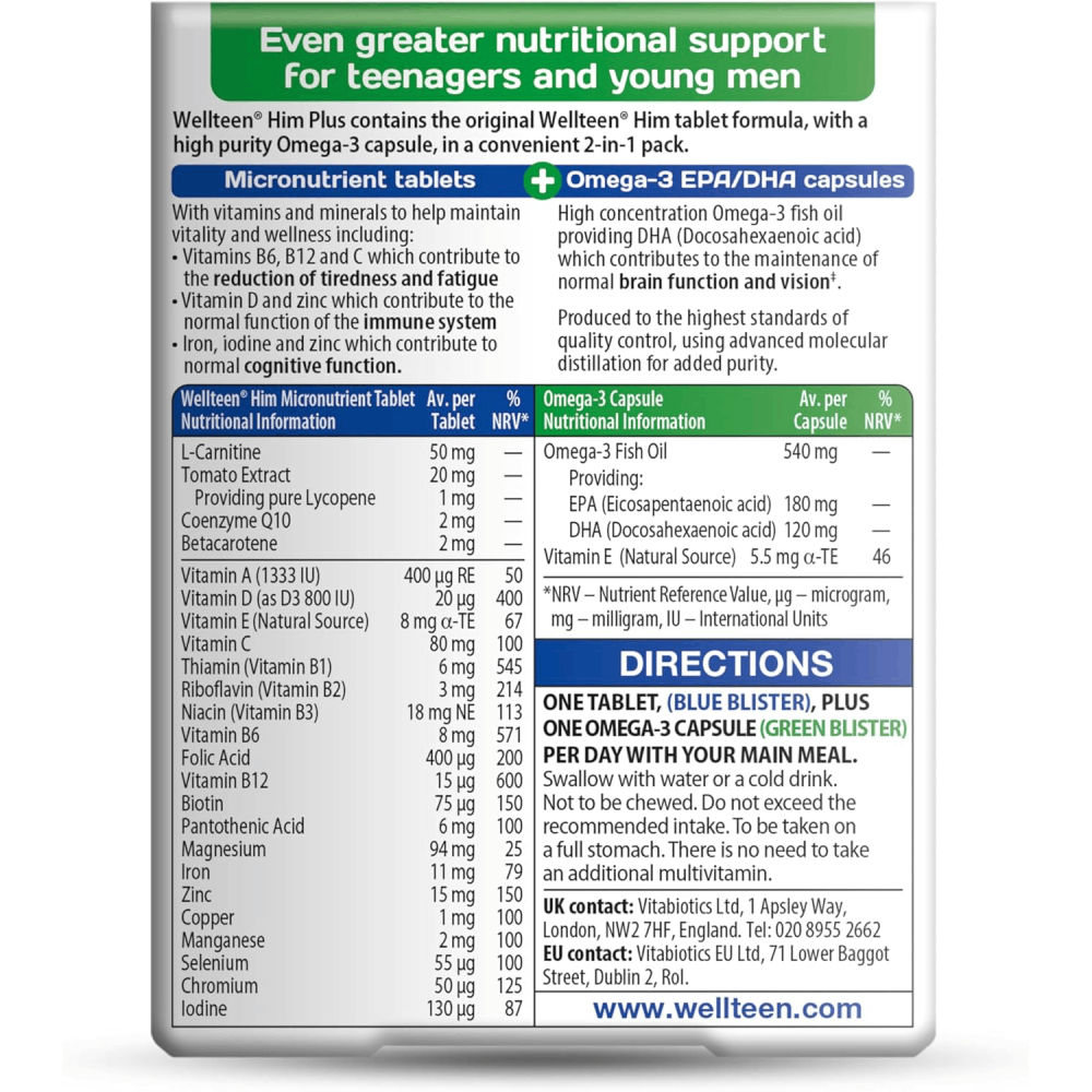Vitabiotics Wellteen Him Plus To Support the Nutritional Needs of Teenage Boys and Young Men To Help Support Healthy Growth, Energy Levels, Mental Focus, and Overall Wellbeing 56 Tablets