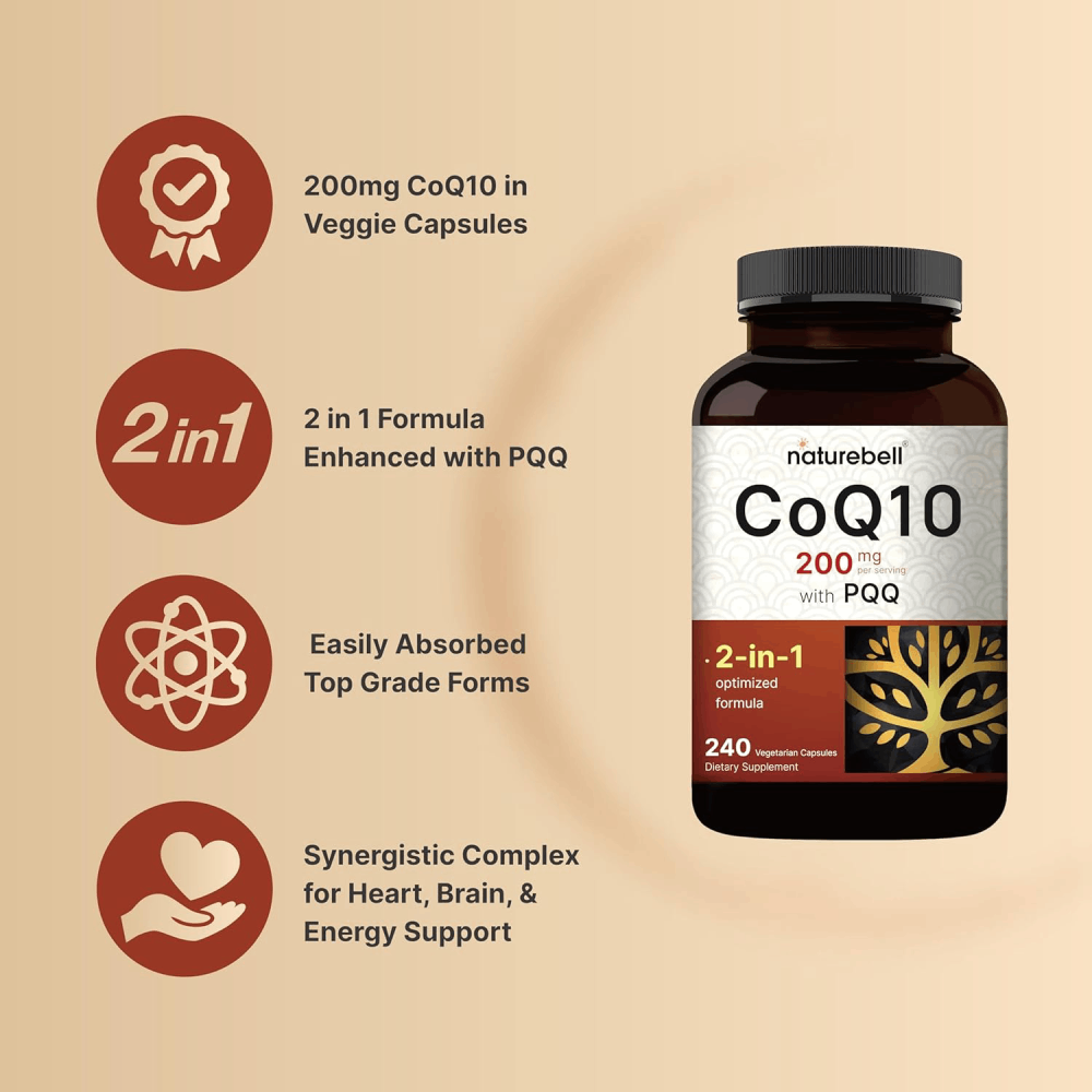 Naturebell Coq10 200mg With PQQ Supports Cardiovascular Health, Boosts Vitality, and Supports Physical Performance and Overall Fitness 240 Veg Caps