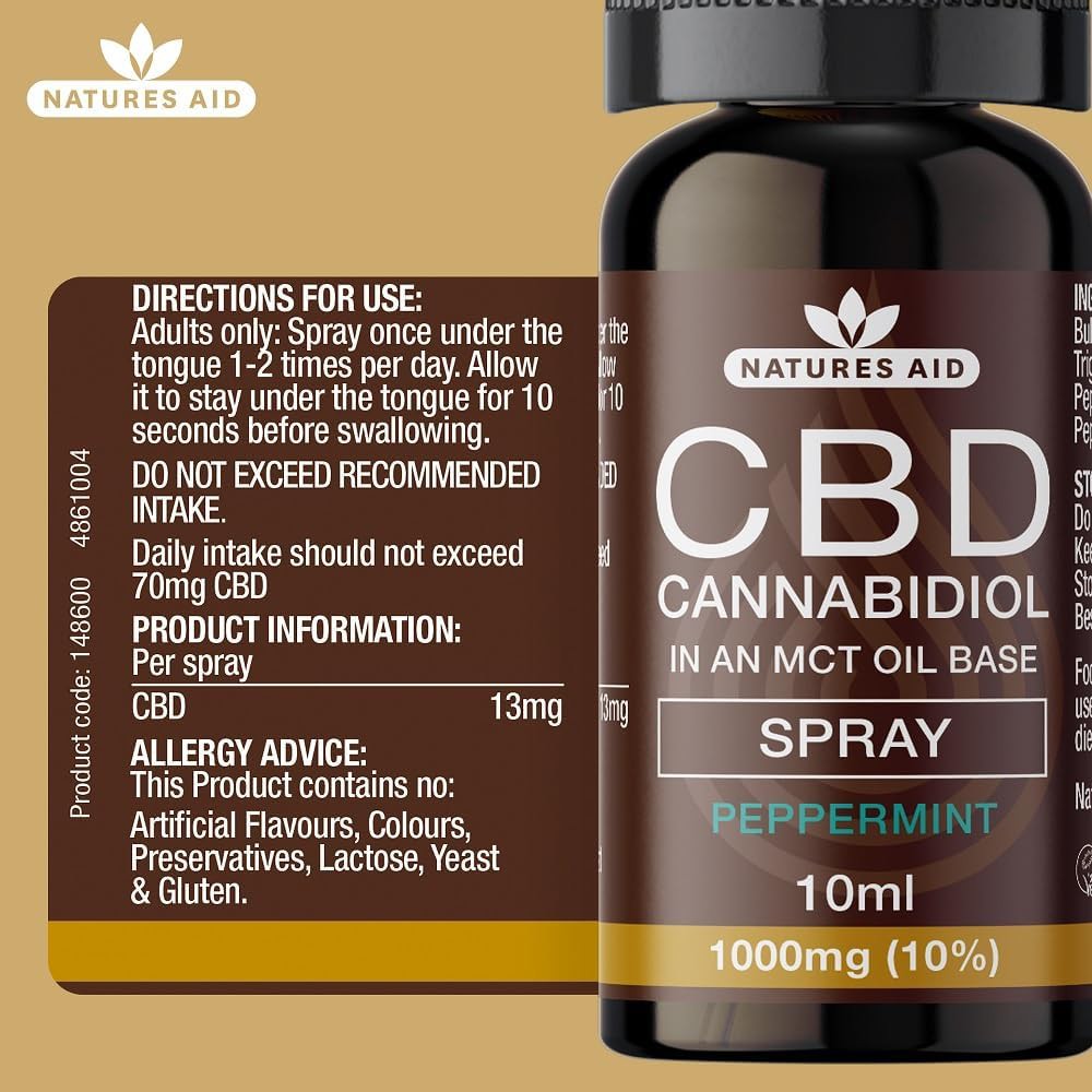 Natures Aid CBD Cannabidiol In An Mct Oil Base Spray For Supporting Daily Balance and Comfort 10ml Peppermint Flavor