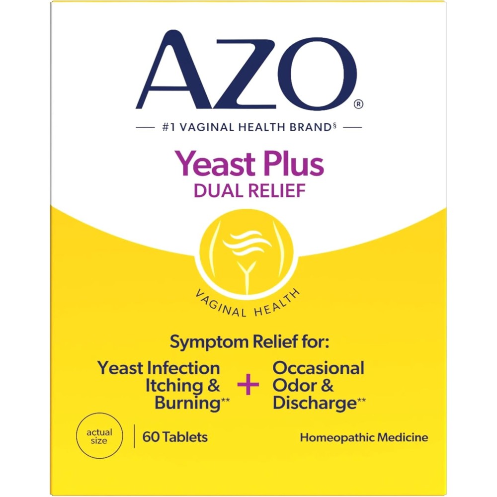 Azo Yeast Plus Dual Relief To Help Relieve Symptoms Associated with Yeast Infections, Including Itching, Burning, Odor, and Occasional Discharge 60 Tablets