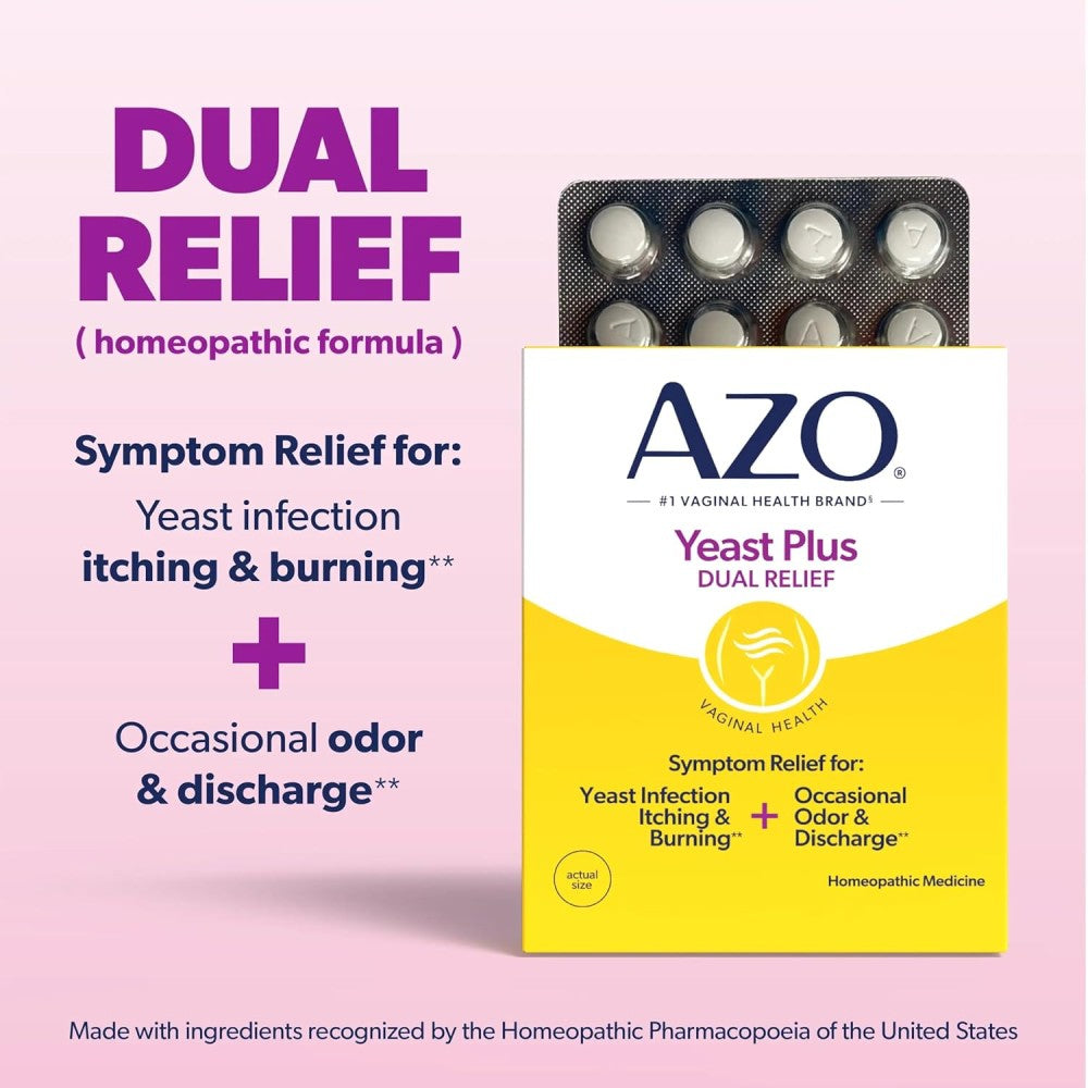 Azo Yeast Plus Dual Relief To Help Relieve Symptoms Associated with Yeast Infections, Including Itching, Burning, Odor, and Occasional Discharge 60 Tablets