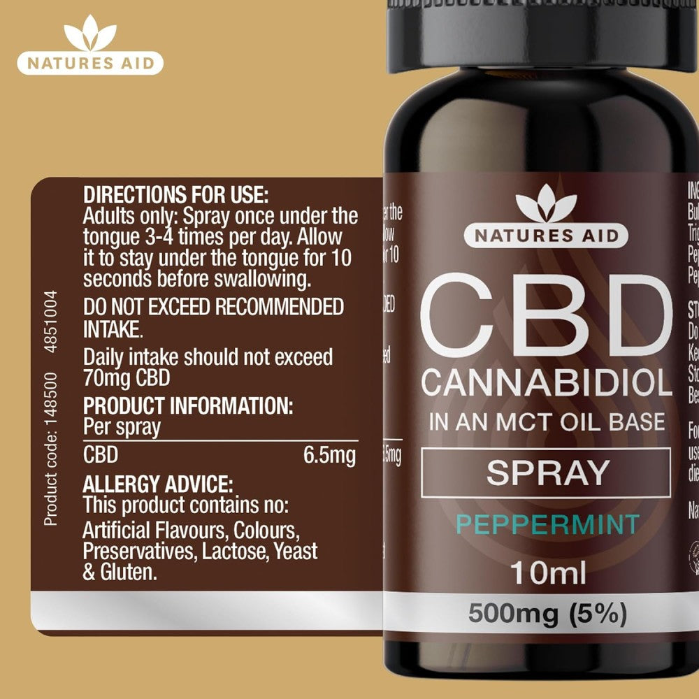 Natures Aid 5% CBD Cannabidiol In An Mct Oil Base Spray For Supporting Daily Balance and Comfort 10ml Peppermint Flavor