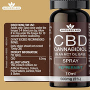 Natures Aid 5% CBD Cannabidiol In An Mct Oil Base Spray For Supporting Daily Balance and Comfort 10ml Peppermint Flavor