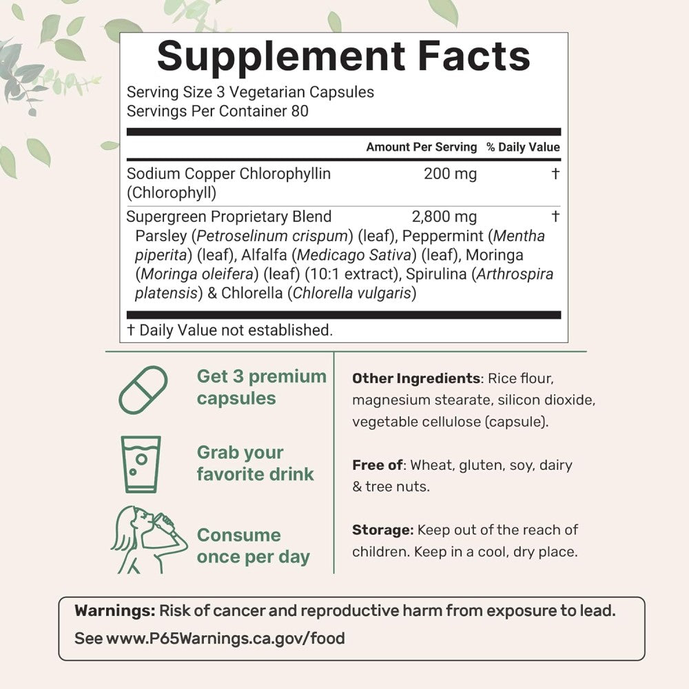 Microingredients Chlorophyll 3000mg To Support Natural Detoxification, Digestive Health, and Overall Vitality. 240 Veg Caps