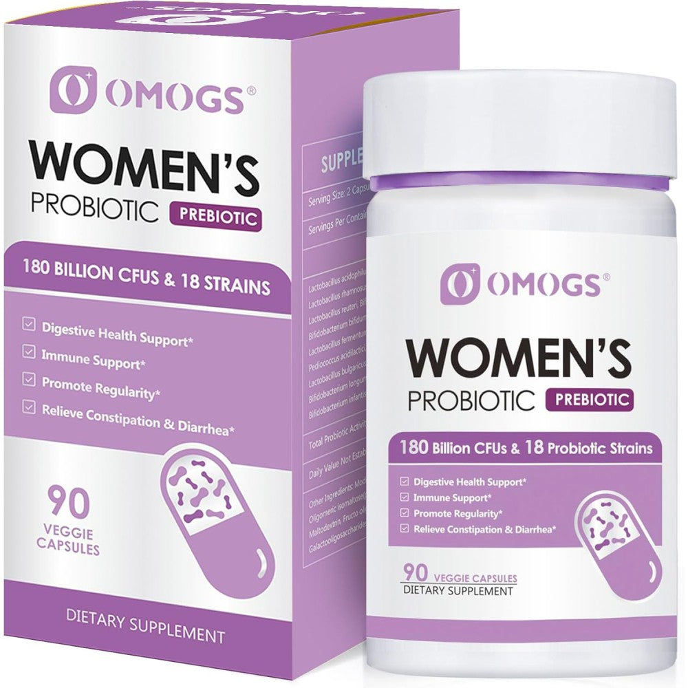 Omogs Women's Probiotic 180 Billion CFUS & 18 Strains To Support Digestive Health, Natural Bacterial Balance, and Women’s Reproductive Health 90 Veg Caps